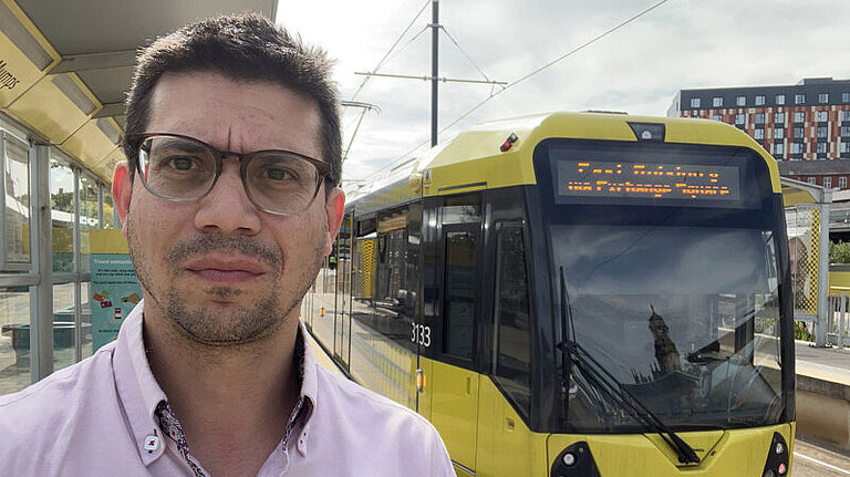 Parliamentary spokesperson Sam Al-Hamdani at the current tramline in Oldham