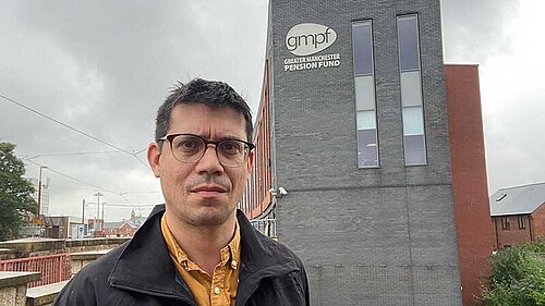 Councillor Sam Al-Hamdani at the GMPF offices in Tameside