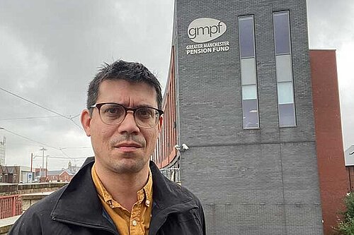 Councillor Sam Al-Hamdani at the GMPF offices in Tameside